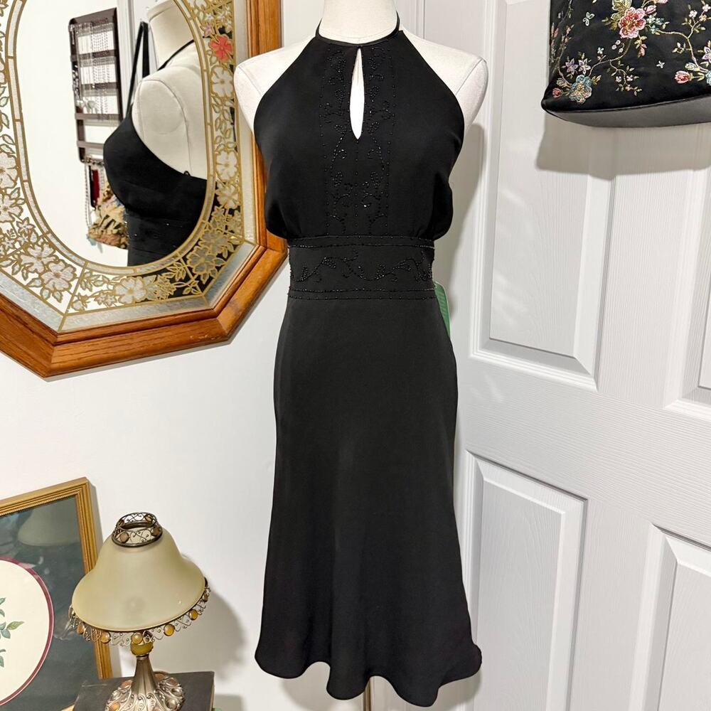 NWT Vintage Y2K Dawn Joy Evening Black Beaded Keyhole Formal Halter Dress 10/M